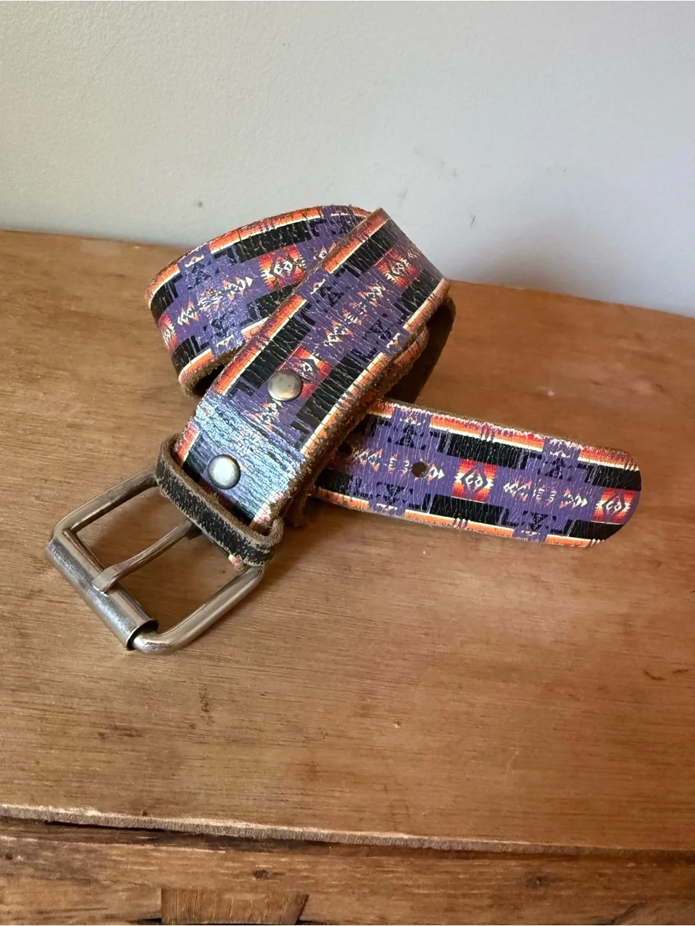 hand-painted leather Southwestern geometric pattern distressed finish belt  32